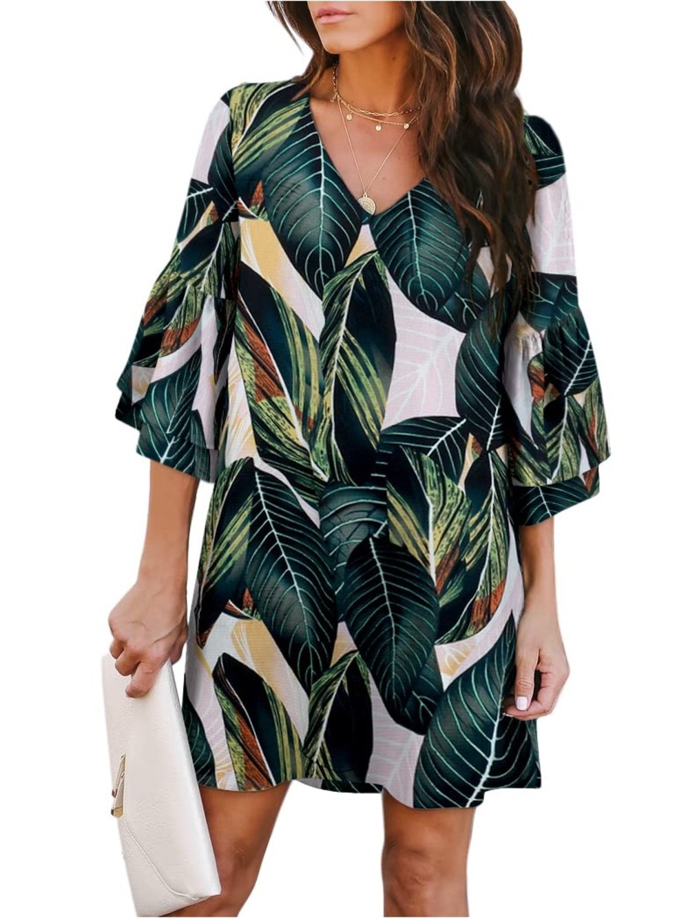 Leaf-Print V-Neck Dress in Green